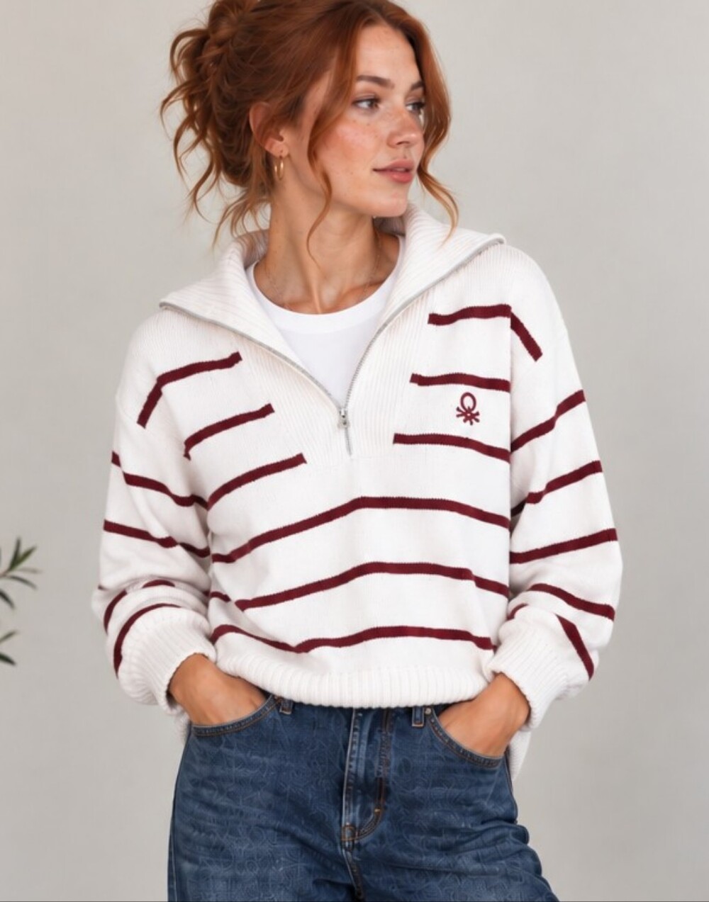 United Colors Of Benetton Pullover Striped Quarter Zip 100% Cotton Sweater S